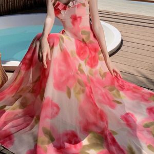 Chiffon Rose Print Dress - Elegant Y2K Fashion with Star Style Aesthetic