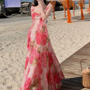 Chiffon Rose Print Dress - Elegant Y2K Fashion with Star Style Aesthetic