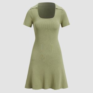 Collared Ribbed Square Neck Dress - Y2K Aesthetic Cute Dress for Stylish Outfits