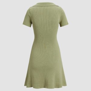 Collared Ribbed Square Neck Dress - Y2K Aesthetic Cute Dress for Stylish Outfits