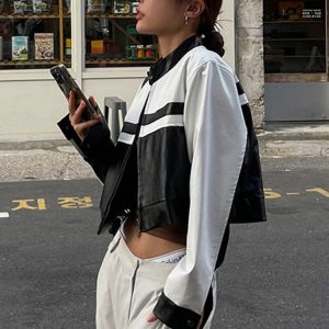 Color Block PU Jacket for Women - Street Style Loose Cut Out Splice Coat for Winter 2023