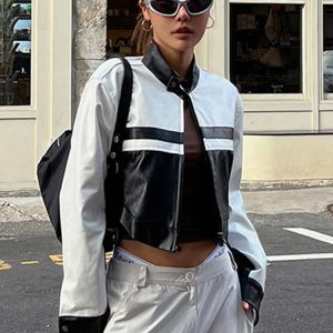 Color Block PU Jacket for Women - Street Style Loose Cut Out Splice Coat for Winter 2023