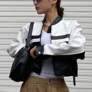 Color Block PU Jacket for Women - Street Style Loose Cut Out Splice Coat for Winter 2023