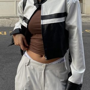 Color Block PU Jacket for Women - Street Style Loose Cut Out Splice Coat for Winter 2023