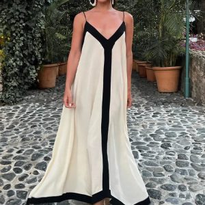 Color Block V Neck Backless Maxi Dress - Slim Sexy Sundress for Femme Street Fashion Parties