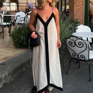 Color Block V Neck Backless Maxi Dress - Slim Sexy Sundress for Femme Street Fashion Parties