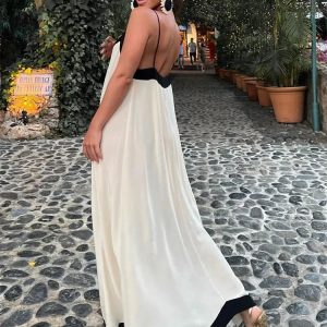 Color Block V Neck Backless Maxi Dress - Slim Sexy Sundress for Femme Street Fashion Parties