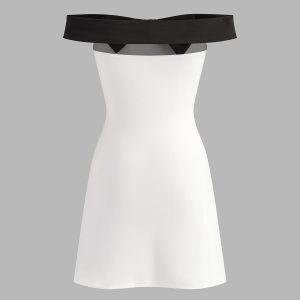 Contrast Bow Off Shoulder Slim Dress - Y2K Aesthetic Cute Dress for Stylish Outfits