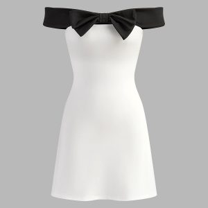 Contrast Bow Off Shoulder Slim Dress - Y2K Aesthetic Cute Dress for Stylish Outfits