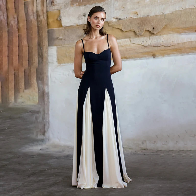 Contrast Color Suspender Maxi Dress with Lining - Sexy Backless Splice Sleeveless Party Dress