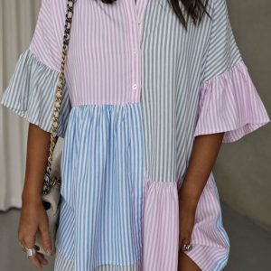 Contrast Striped Flare Sleeve Shirt Dress - Y2K Aesthetic Fashion for Trendy Outfits