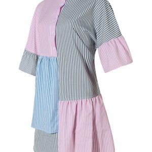 Contrast Striped Flare Sleeve Shirt Dress - Y2K Aesthetic Fashion for Trendy Outfits