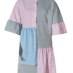 Contrast Striped Flare Sleeve Shirt Dress - Y2K Aesthetic Fashion for Trendy Outfits