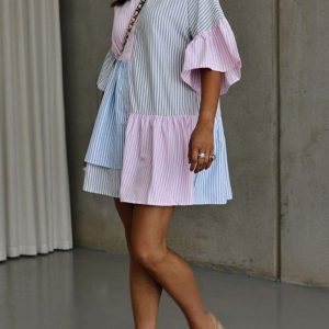 Contrast Striped Flare Sleeve Shirt Dress - Y2K Aesthetic Fashion for Trendy Outfits