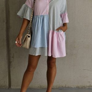 Contrast Striped Flare Sleeve Shirt Dress - Y2K Aesthetic Fashion for Trendy Outfits