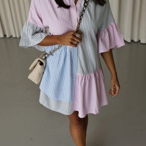 Contrast Striped Flare Sleeve Shirt Dress - Y2K Aesthetic Fashion for Trendy Outfits