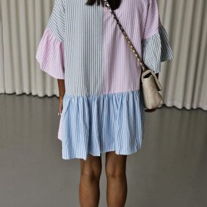 Contrast Striped Flare Sleeve Shirt Dress - Y2K Aesthetic Fashion for Trendy Outfits