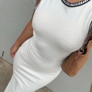 Contrast Trim Back Cutout Long Sweater Dress - Y2K Aesthetic Cozy Fashion Statement