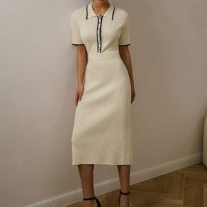 Contrast Trim Collared Rib Knit Midi Dress - Y2K Aesthetic Short Sleeve Fashion Statement