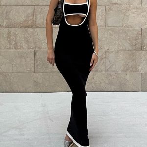 Contrast Trim Cutout Long Sweater Dress - Y2K Aesthetic Fashion for Cozy Chic Looks