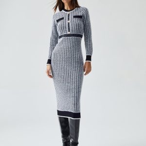 Contrast Trim Herringbone Bodycon Midi Dress - Y2K Fashion Essential for Chic Aesthetic Outfits