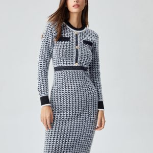 Contrast Trim Herringbone Bodycon Midi Dress - Y2K Fashion Essential for Chic Aesthetic Outfits