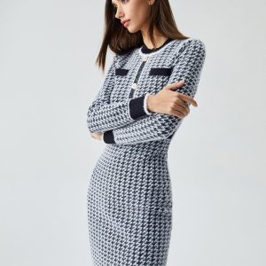 Contrast Trim Herringbone Bodycon Midi Dress - Y2K Fashion Essential for Chic Aesthetic Outfits