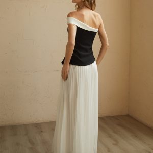 Contrast Trim Off-Shoulder Long Dress - Y2K Aesthetic Fashion for Chic Coquette Style