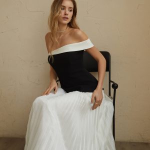 Contrast Trim Off-Shoulder Long Dress - Y2K Aesthetic Fashion for Chic Coquette Style