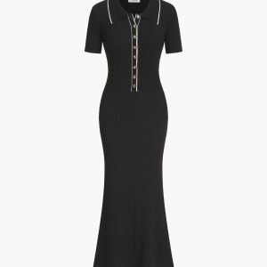 Contrast Trim Polo Knit Dress - Y2K Aesthetic Fashion for Chic Coquette Style