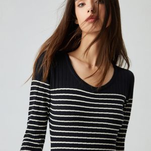 Contrast Trim Striped Knit Sweater Dress - Y2K Aesthetic Fashion for Cozy Chic Looks