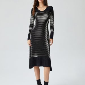 Contrast Trim Striped Knit Sweater Dress - Y2K Aesthetic Fashion for Cozy Chic Looks