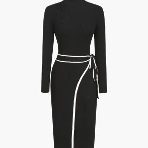 Contrast Trim Tie Front Mock Neck Long Sleeve Midi Sweater Dress in Y2K Aesthetic Style