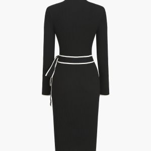 Contrast Trim Tie Front Mock Neck Long Sleeve Midi Sweater Dress in Y2K Aesthetic Style