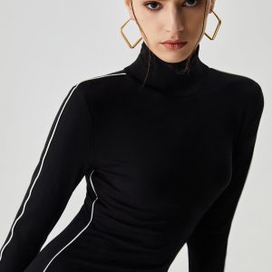 Contrast Trim Turtleneck Long Sleeve Mini Dress - Y2K Aesthetic Cute Dress for Stylish Outfits