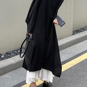 Cool Black Big Split Long Shirt & White Skirt Set - Y2K Aesthetic Outfit for Trendy Looks