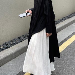 Cool Black Big Split Long Shirt & White Skirt Set - Y2K Aesthetic Outfit for Trendy Looks