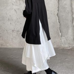 Cool Black Big Split Long Shirt & White Skirt Set - Y2K Aesthetic Outfit for Trendy Looks