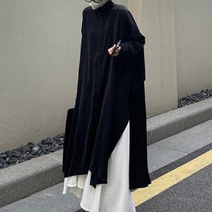 Cool Black Big Split Long Shirt & White Skirt Set - Y2K Aesthetic Outfit for Trendy Looks