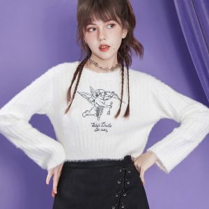 Coquette Aesthetic Angel Girl Cropped Shaggy Knit Pullover for Y2K Fashion Lovers