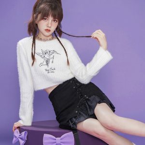 Coquette Aesthetic Angel Girl Cropped Shaggy Knit Pullover for Y2K Fashion Lovers