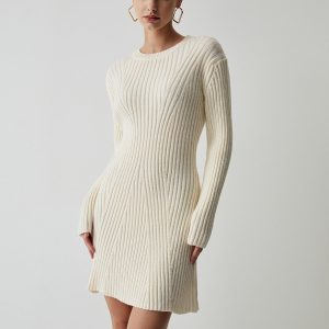 Coquette Aesthetic Cream Ribbed Long Sleeve Sweater Dress for Y2K Fashion Lovers