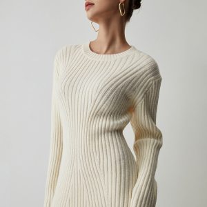 Coquette Aesthetic Cream Ribbed Long Sleeve Sweater Dress for Y2K Fashion Lovers