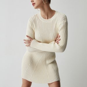 Coquette Aesthetic Cream Ribbed Long Sleeve Sweater Dress for Y2K Fashion Lovers