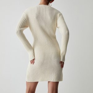 Coquette Aesthetic Cream Ribbed Long Sleeve Sweater Dress for Y2K Fashion Lovers