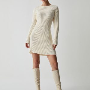 Coquette Aesthetic Cream Ribbed Long Sleeve Sweater Dress for Y2K Fashion Lovers