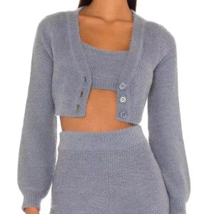 Coquette Aesthetic Estella Knitted Short Set - Y2K Fashion Cute Top & Comfy Bottoms