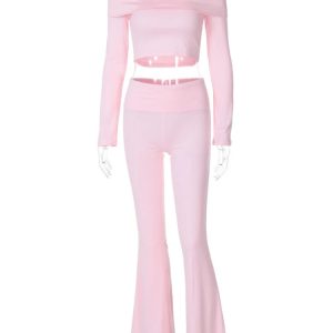 Coquette Aesthetic Folds Long Pant Set: Winter Bodycon Off-Shoulder Pullover & High Waist Pants