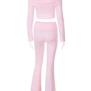 Coquette Aesthetic Folds Long Pant Set: Winter Bodycon Off-Shoulder Pullover & High Waist Pants