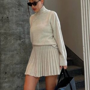 Coquette Aesthetic Folds Skirt Sets for Women - Turtleneck Knitted Pullover & Mini Skirt 2 Piece Outfit